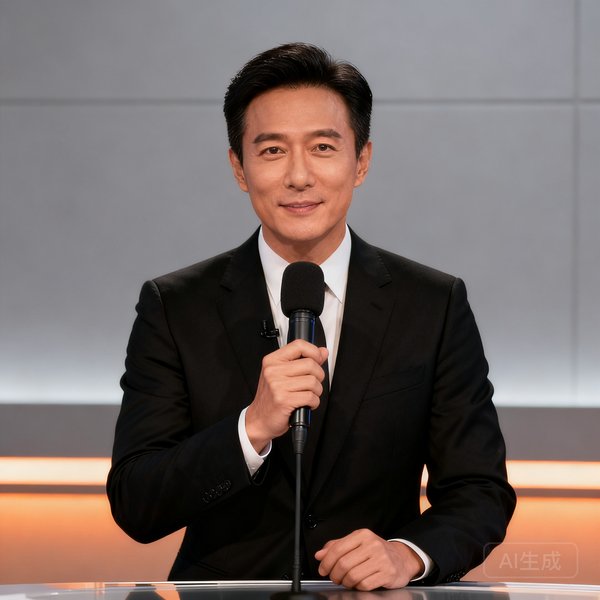 创始人李奥·王，黑色西装，在演播室手持麦克风